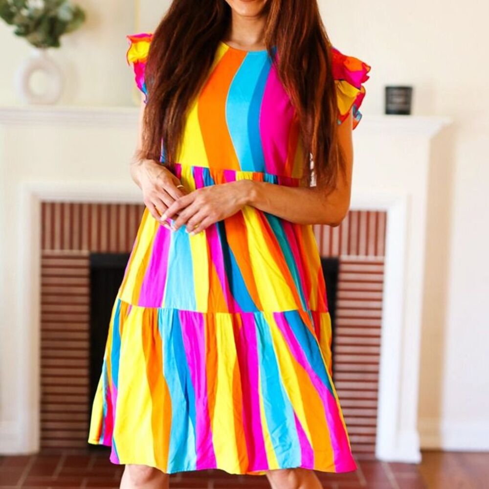 Multicolor Abstract Print Smocked Ruffle Sleeve Dress